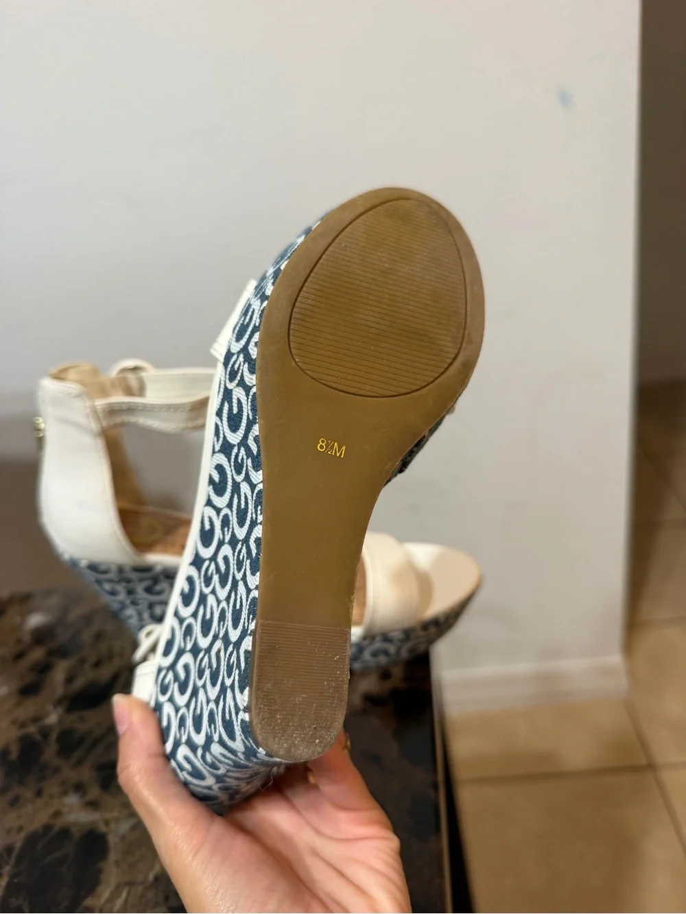 Guess White Ankle-Strap Wedge Sandals with Monogram Blue Platform